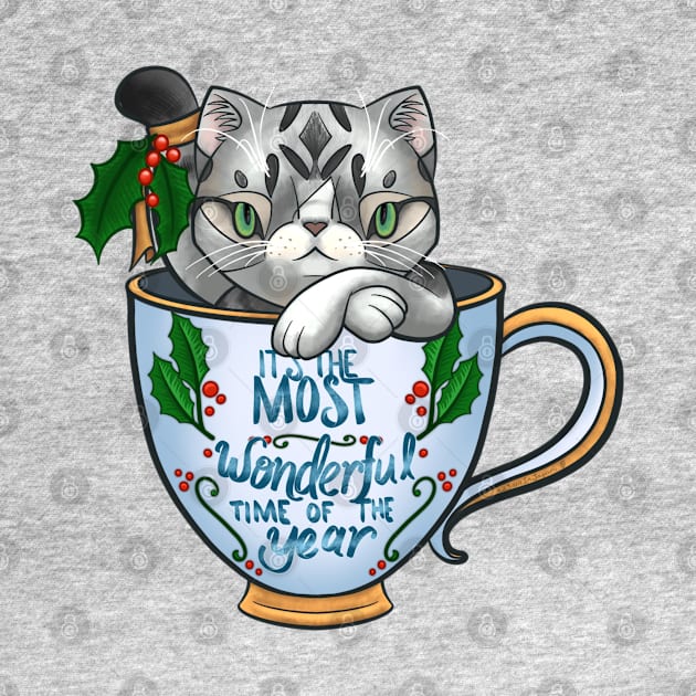 “It’s the Most Wonderful Time of the Year” Genki the silver tabby cat in a teacup for Christmas by SamInJapan